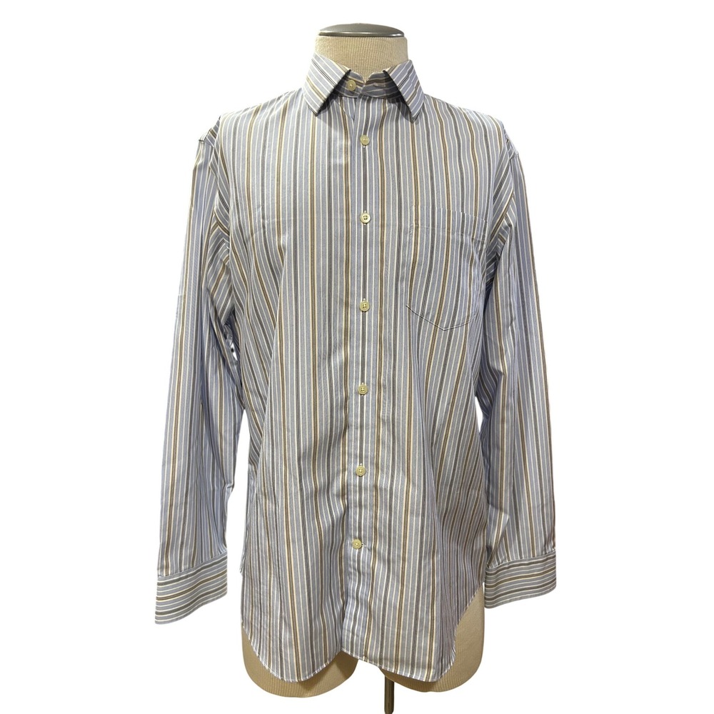 Mens Blue White Tan Multi Stripe Long Sleeve Button Down Dress Shirt L